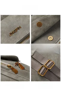 Detail view of multi-use backpack featuring metal zipper, magnetic snap, and adjustable strap