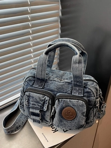 Women Vintage Denim Crossbody Bag Multi-Pocket Small Square Handbag Washed Denim Shoulder Bag Casual Streetwear Messenger