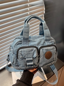 Retro denim small square crossbody bag with multi-pockets and vintage logo detail