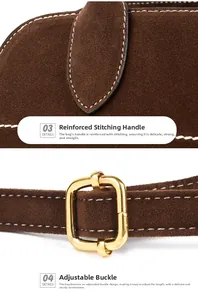 Detail of reinforced stitching and gold metal adjustment buckle on dark brown tote bag