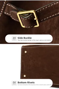 Detailed view of the dark brown suede bag golden side buckle and anti-wear bottom studs