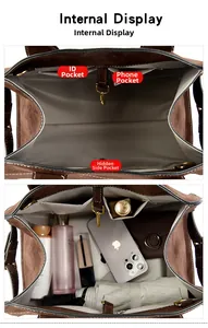 Detail view of large brown frosted tote bag showing internal compartments and high capacity