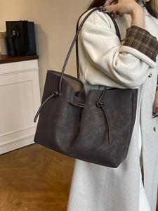 Retro dark brown large tote bag with knotted drawstring handle for women daily commute