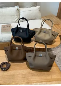 Litchi pattern leather handbags in four colors with metal buckles and detachable straps