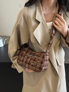 British style brown plaid underarm bag with bear prints and a metal bow detail