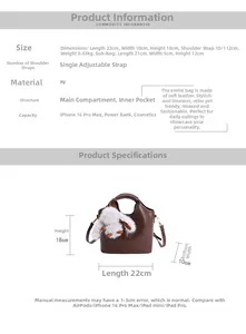 Detailed view of brown vintage PU leather bucket bag dimensions with plush rabbit charm