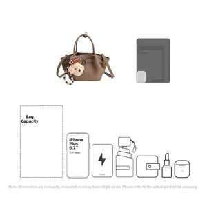 Brown bucket bag detail showing internal capacity for phone and cosmetics