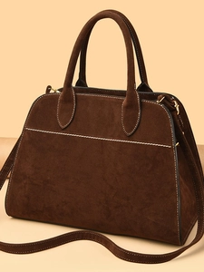 Large capacity dark brown suede tote bag for women with contrast white stitching details