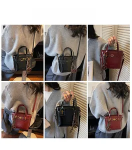 Collage of fashion crossbody bucket bags shown in different carrying styles on model