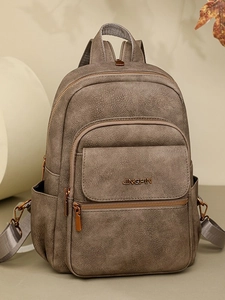 Brown faux leather convertible backpack for women with multi-pocket and casual style