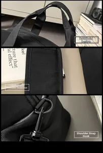 Dettagli dei manici rinforzati, tracolla imbottita e ganci della borsa da viaggio
