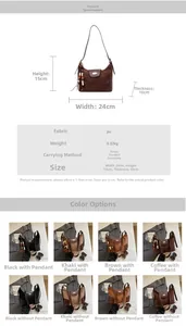 Detail view of vintage matte PU leather dumpling bag showing dimensions and colors