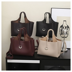 Group shot of minimalist lychee pattern leather tote bags in four trendy colors