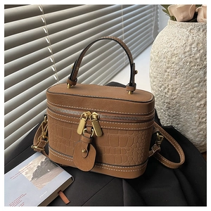 Detail of brown bucket bag featuring crocodile texture and gold-tone zippers on black fabric