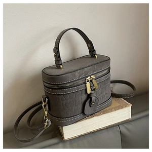 Detail of dark grey vanity bag featuring crocodile embossed leather and gold hardware