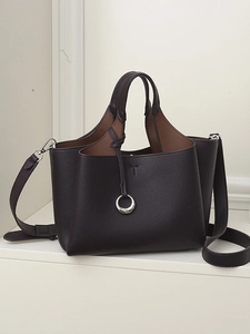 Retro dark brown litchi pattern leather bucket bag with top handle and crossbody strap