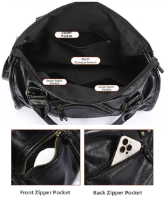 Dettaglio borsa vintage nera con tasche interne organizzate e scomparti esterni con cerniera