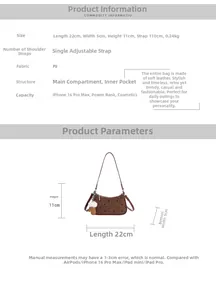 Detailed size specifications and structure of the polka dot underarm bag in brown PU leather
