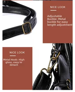Dettaglio tracolla regolabile con fibbie in bronzo e gancio su borsa tote vintage nera