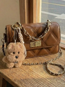 Women Quilted Chain Shoulder Bag PU Leather Small Square Crossbody Bag With Twist Lock And Plush Animal Charm For Daily Use