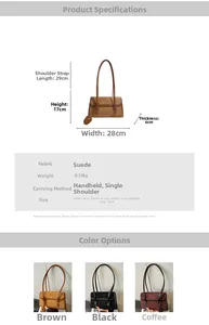 Detailed size specifications and three-color suede underarm bags for daily commute