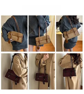 Detail shots of minimalist baguette underarm bags in khaki and burgundy suede finish