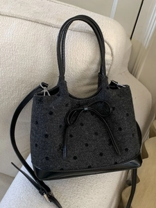 Women Polka Dot Bow Woolen Handbag Retro Tweed Tote Bag With Detachable Shoulder Strap Korean Style Splicing Crossbody Bag