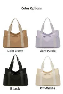 Detailed grid view of lightweight nylon tote bags in light brown, lilac, black, and beige