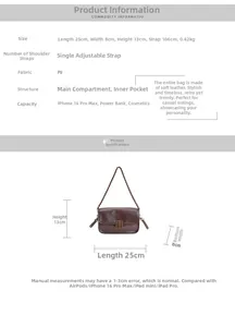 Graphique détaillé montrant les dimensions et le rangement intérieur du sac rétro en cuir PU