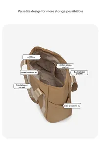 Detailed interior view of a khaki nylon tote bag showing multiple pockets and storage slots