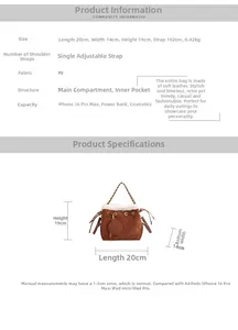 Guide des tailles du sac seau rétro montrant les dimensions 20x14x19cm et détails