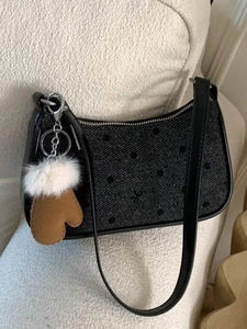 French Vintage Polka Dot Tweed Crossbody Bag For Women PU Leather Trim Dumpling Underarm Bag With Glove Plush Pendant