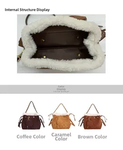 Vue détaillée du sac seau à cordon avec garniture en fourrure et rivets internes