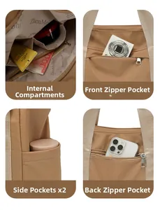 Detail view of coffee nylon tote bag with multi-pocket storage and organized interior