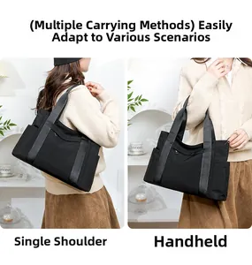 Detail of black nylon tote bag showing side pocket and durable woven shoulder straps