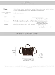 Size chart showing brown PU leather bucket bag dimensions 19x10x15cm with strap details