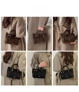 Brown and black bucket bags shown in different styles with adjustable shoulder straps