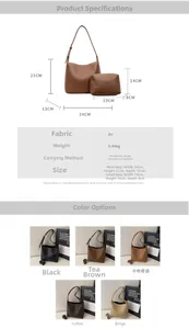 Detailed size chart and multi-color selection for this PU tote and pouch bag set