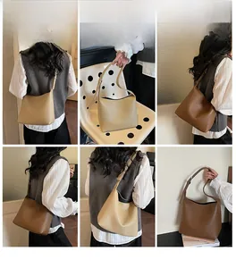 Detailed views of beige and dark brown leather bucket bags with adjustable shoulder straps