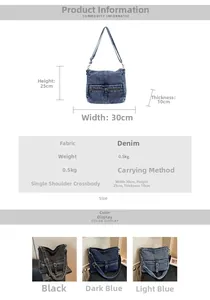 Detailed size chart for the large denim crossbody bag with measurements 30x25x10cm