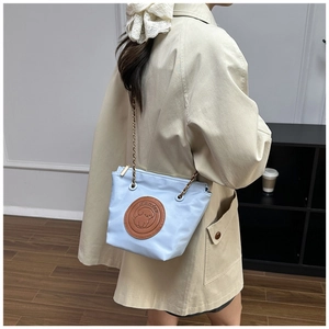 Detail of light blue crossbody bag with gold chain strap and puppy leather patch