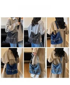 Collage of large denim tote bags in dark grey and blue shades worn by a model