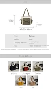 Detailed size chart and specifications for the casual canvas tote bag showing dimensions