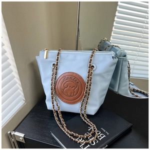 Detail of light blue nylon bag featuring a puppy leather patch and gold chain strap