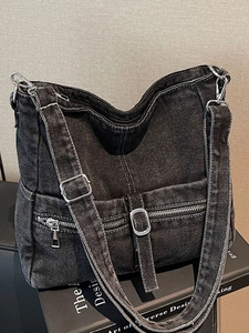 Large Denim Tote Bag Vintage Washed Workwear Crossbody Bag For Women Daily Commute Multi-Pocket Casual Shoulder Bag