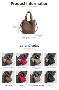 Detailed view of leather bucket bag dimensions 18x16x11cm and available color options