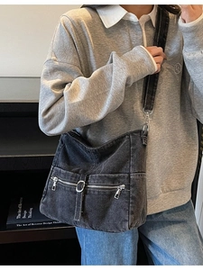 Retro charcoal denim tote bag with wide shoulder strap and metal zipper pockets