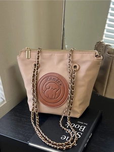 Women Retro Nylon Bucket Bag With Chain Strap Fashion Versatile Crossbody Bag Cartoon Dog Leather Patch Daily Casual Handbag