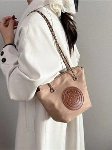 Retro chain shoulder bag in beige nylon with cartoon leather patch for women