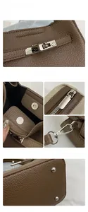 Close-up of brown litchi grain leather bucket bag with silver hardware and detailed stitching